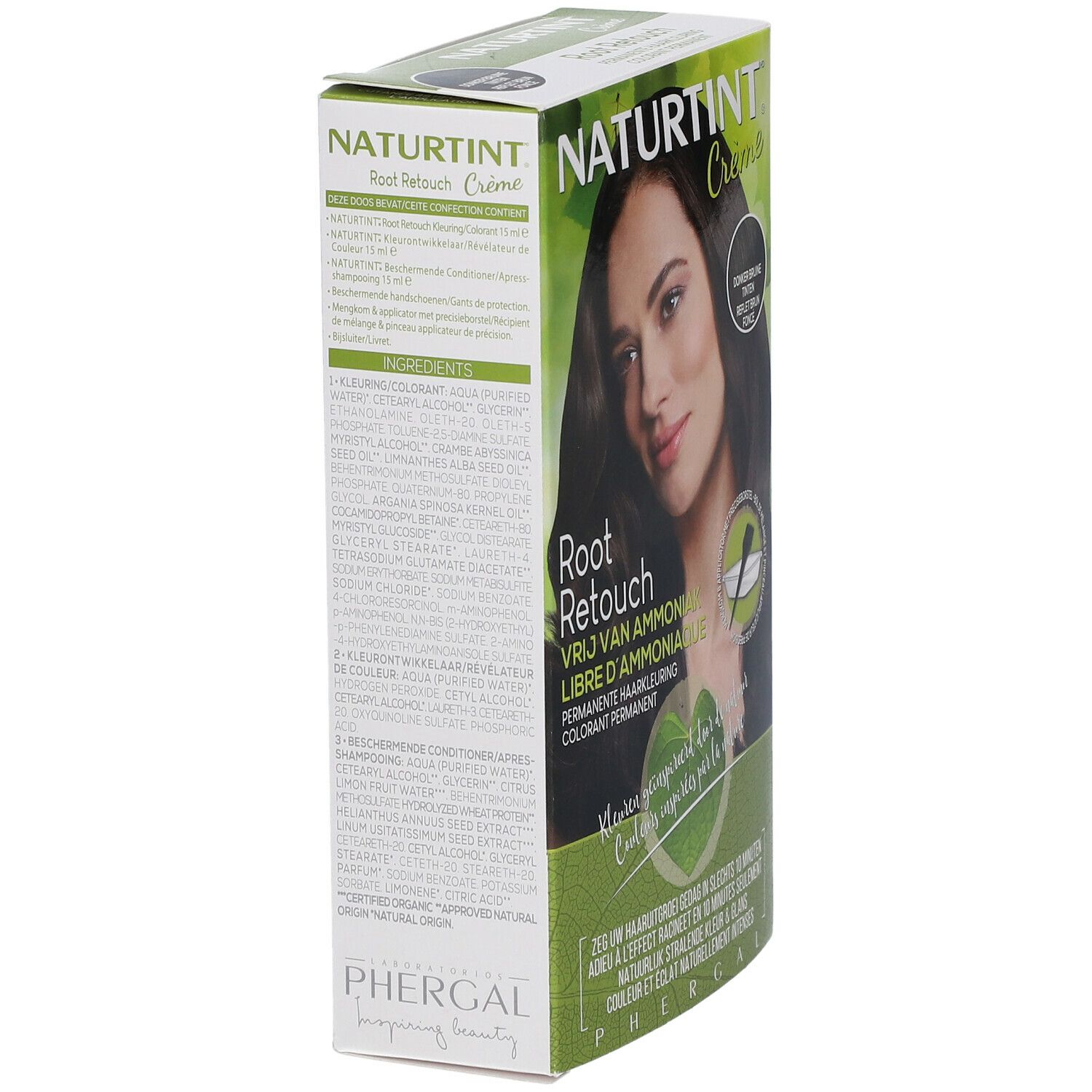 NATURTINT® Root Retouch-Verpackung. Seite mit Inhaltsstoffen und Anwendungshinweisen. Text: Root Retouch, Creme, ohne Ammoniak.