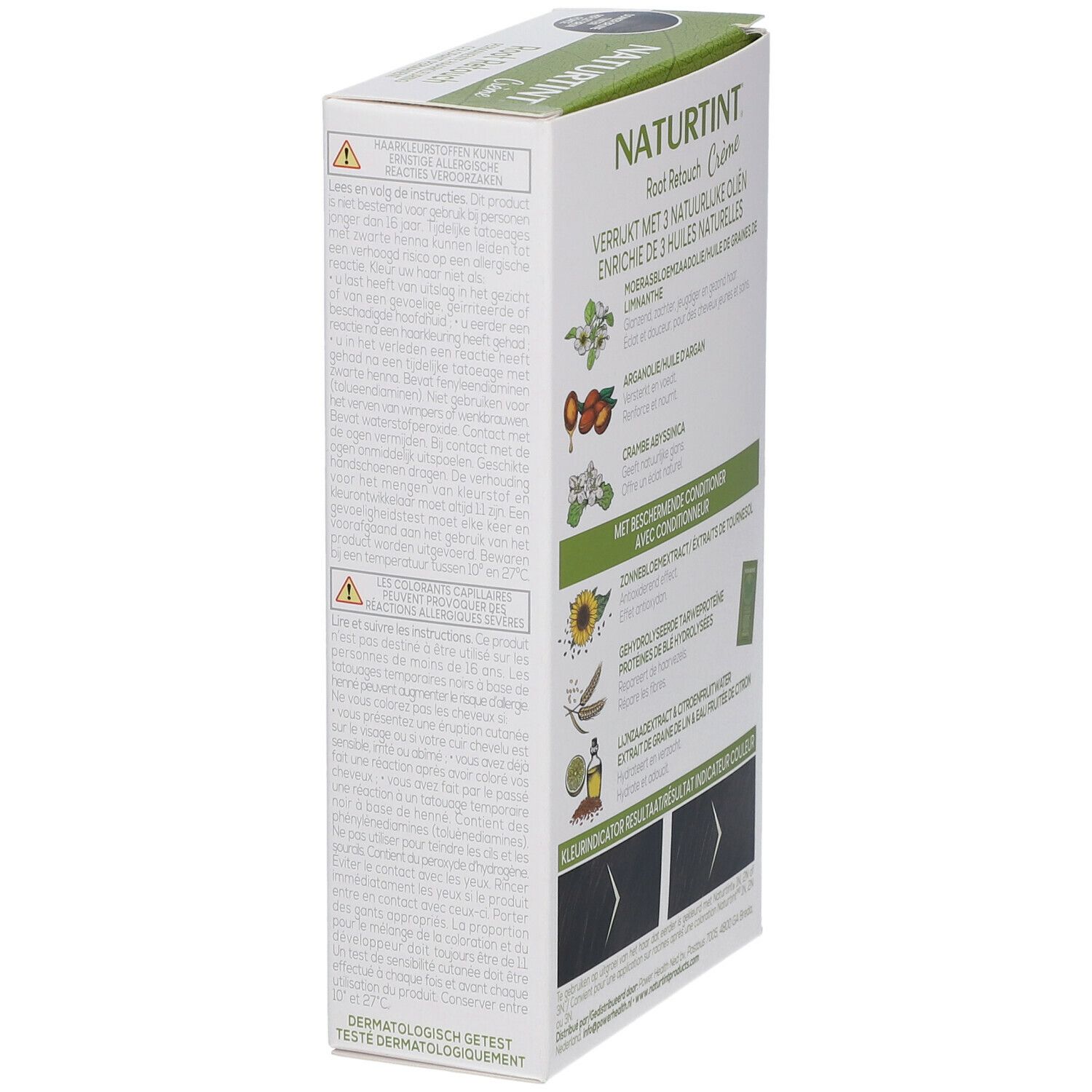 NATURTINT® Root Retouch-Verpackung. Seite mit Inhaltsstoffen und Anwendungshinweisen. Text: Root Retouch, Creme, ohne Ammoniak.