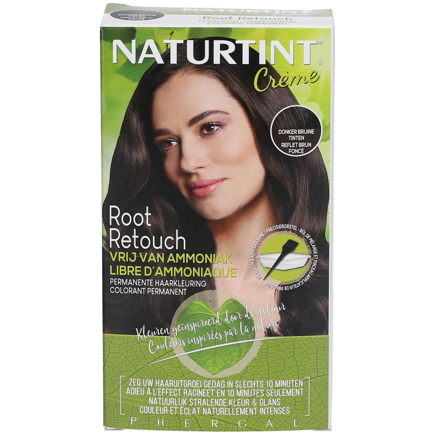 NATURTINT® Root Retouch-Verpackung. Dunkelbraune Haarfarbencreme. Frau mit braunen Haaren. Text: Root Retouch, ohne Ammoniak, Creme.