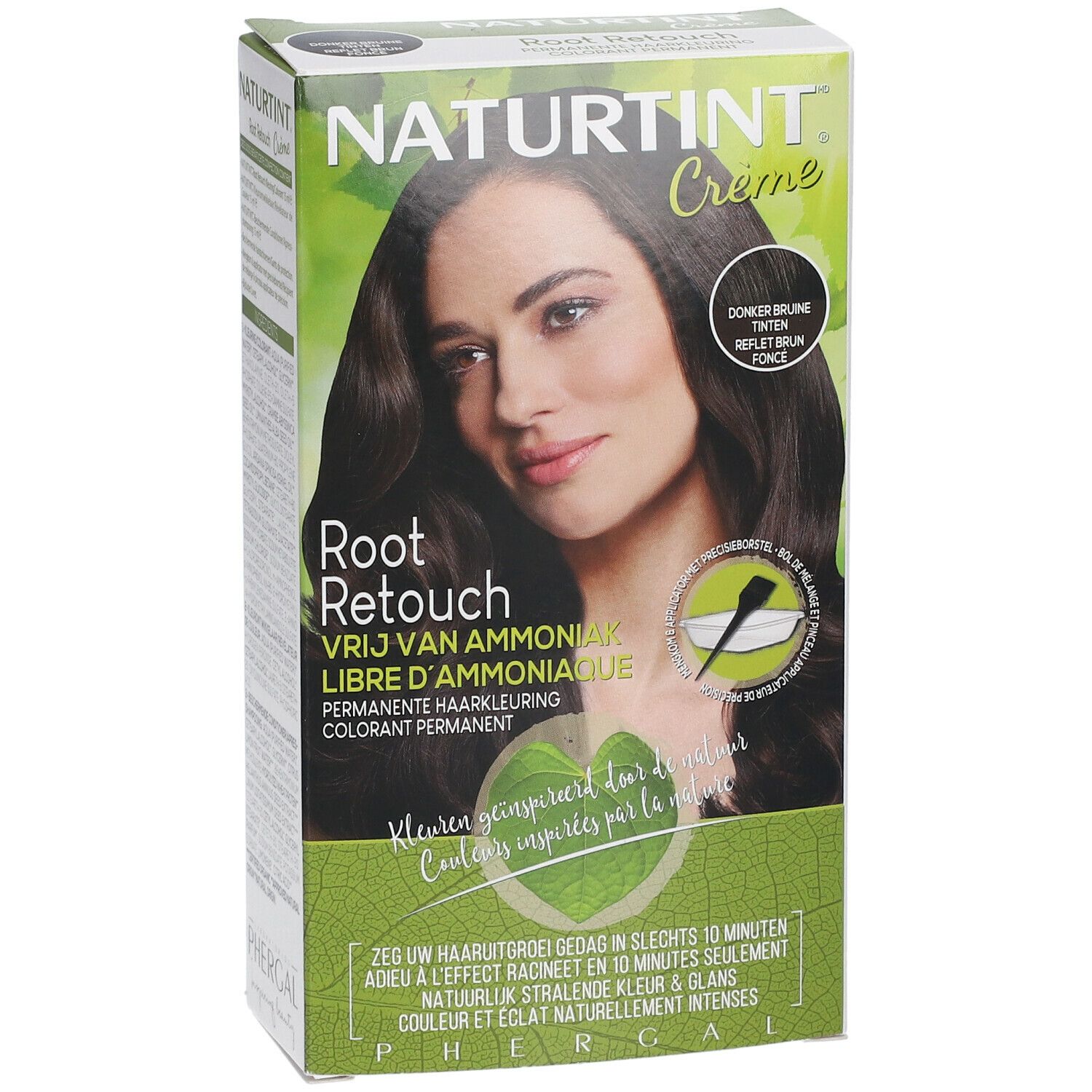 NATURTINT® Root Retouch-Verpackung. Dunkelbraune Haarfarbencreme. Frau mit braunen Haaren. Text: Root Retouch, ohne Ammoniak, Creme.