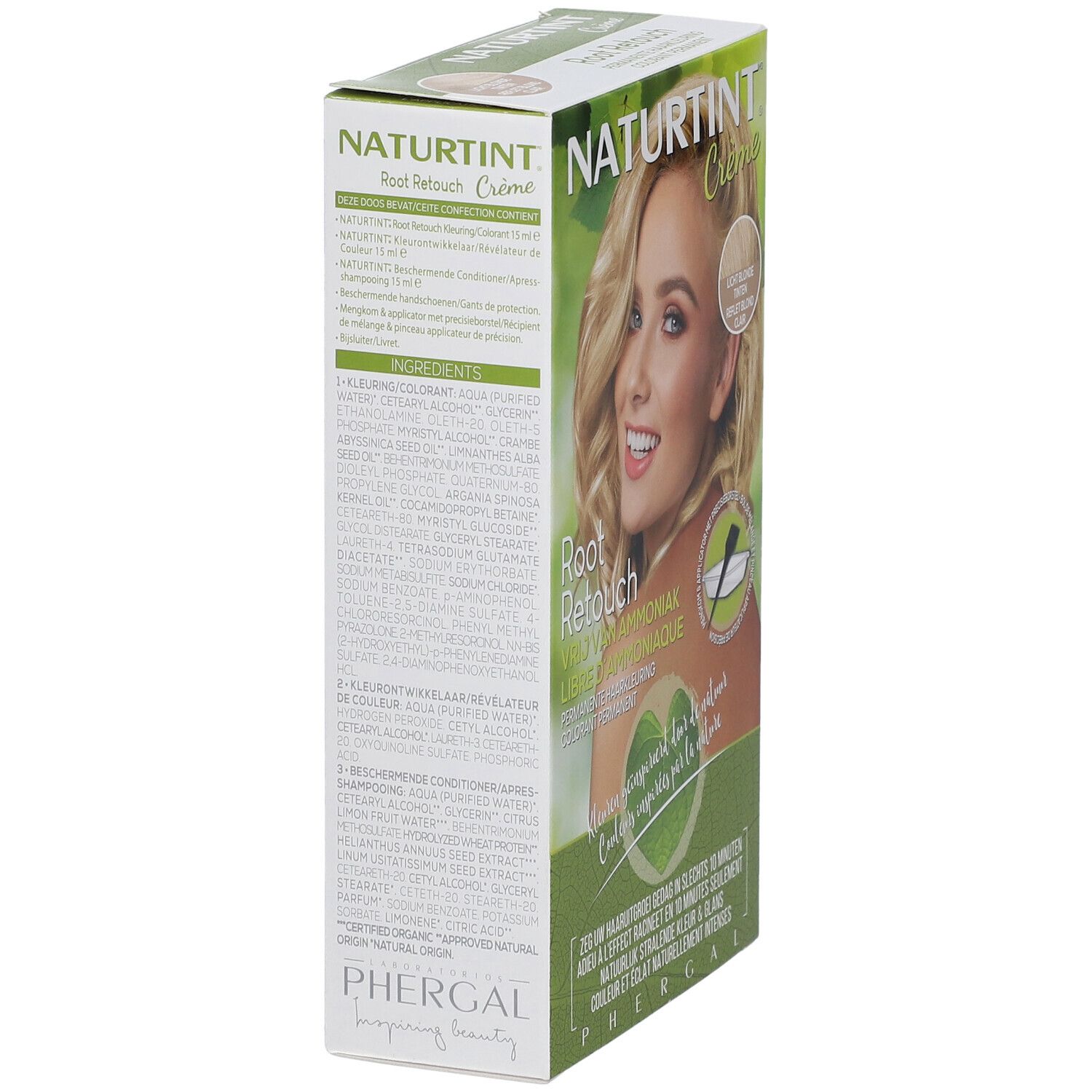 Verpackung der Haarfarbencreme NATURTINT® Root Retouch. Inhaltsstoffe und Anwendungshinweise. Rückseite der Verpackung.