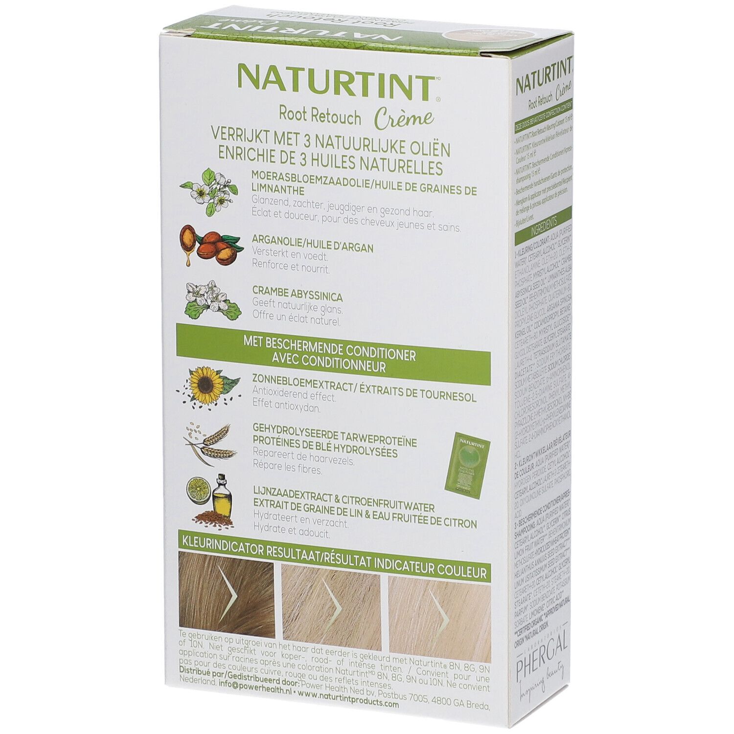 Rückseite der Haarfarbencreme-Verpackung. NATURTINT® Root Retouch. Inhaltsstoffe. Farbresultat-Indikator.
