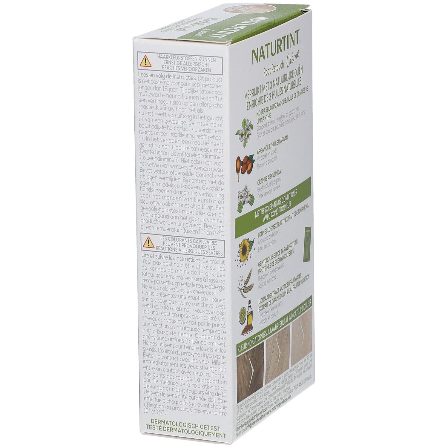 Rückseite der Haarfarbencreme-Verpackung. NATURTINT® Root Retouch. Warnhinweise und Anwendungshinweise.