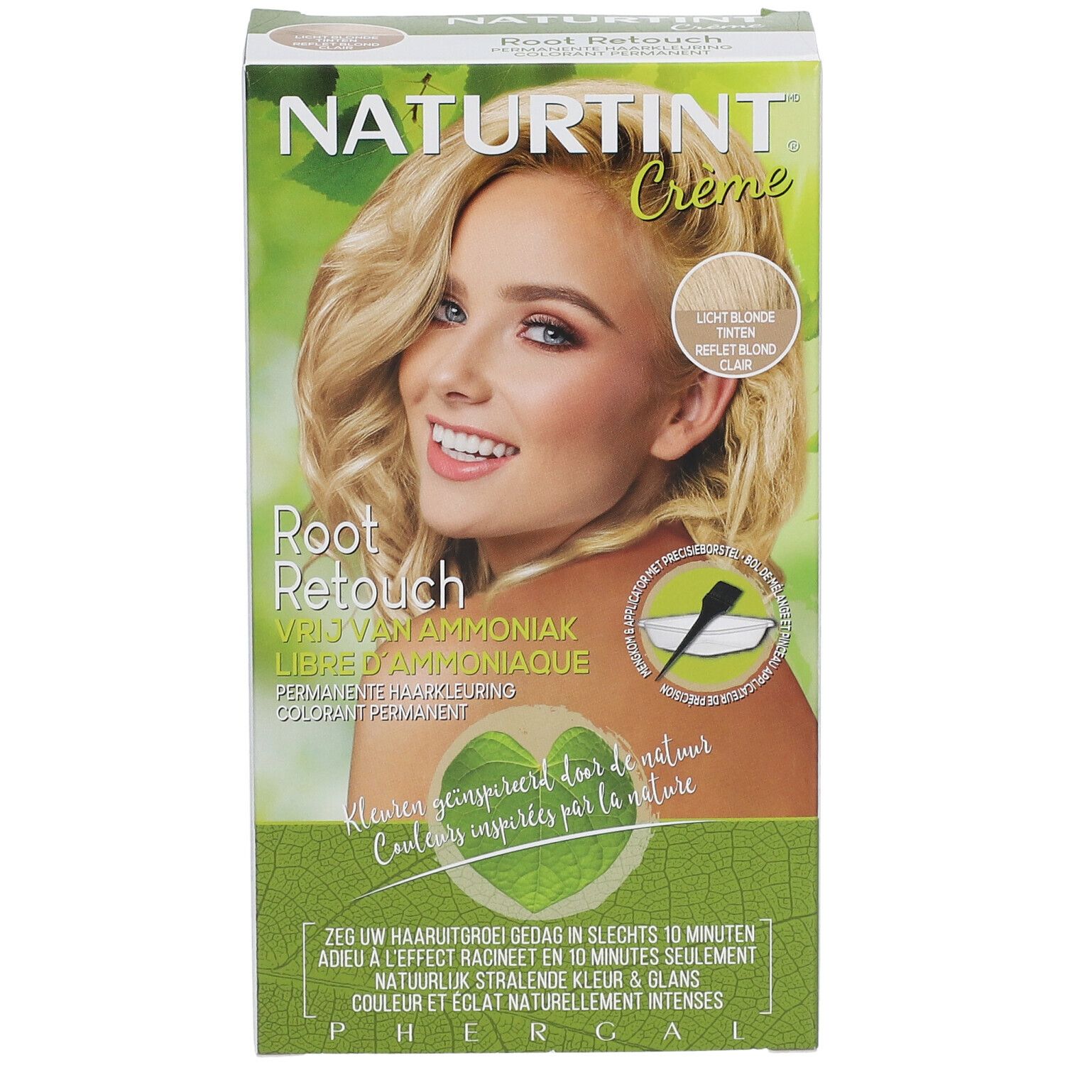 Haarfarbencreme-Verpackung. NATURTINT® Root Retouch. Hellblonder Glanz. Frau mit blondem Haar. Vrij van ammoniaque.