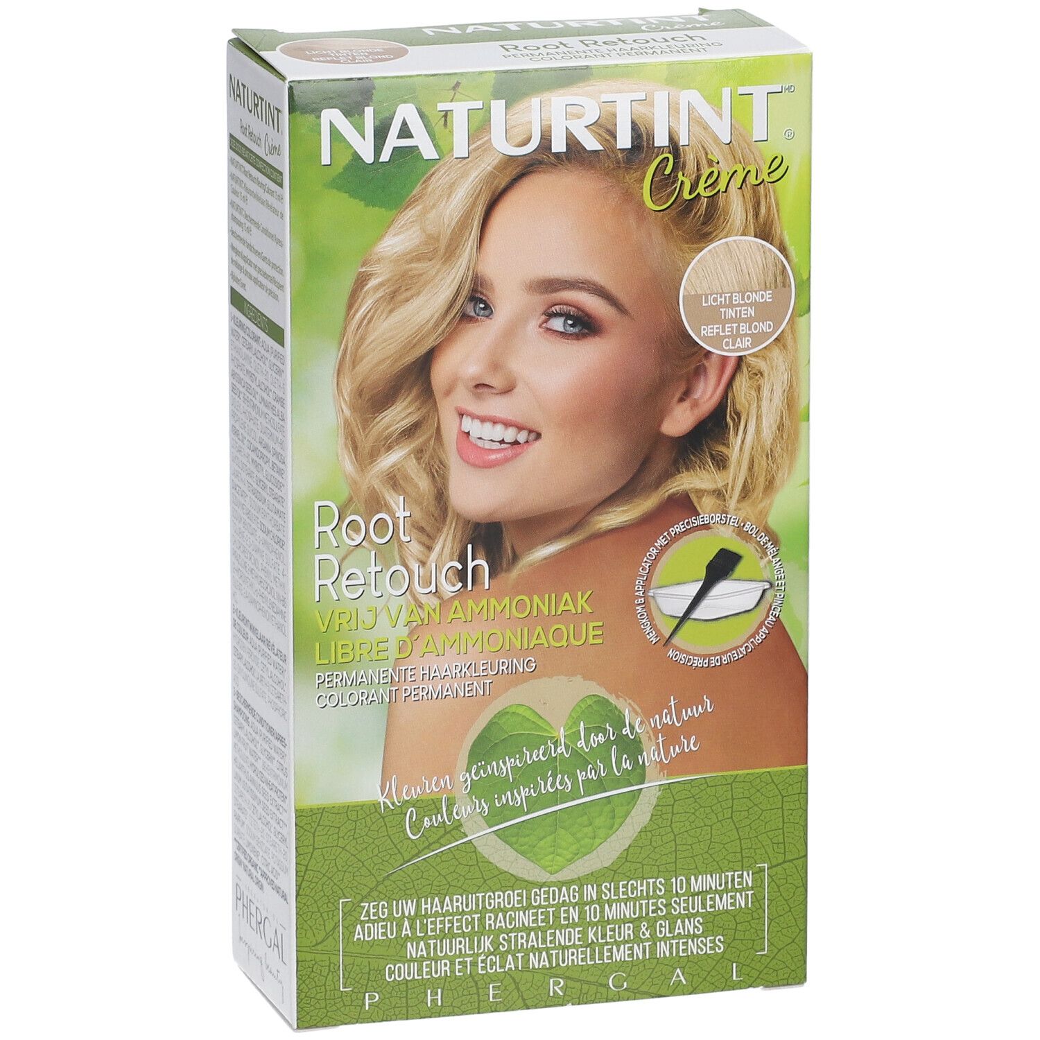 Haarfarbencreme-Verpackung. NATURTINT® Root Retouch. Hellblonder Glanz. Frau mit blondem Haar. Vrij van ammoniaque.