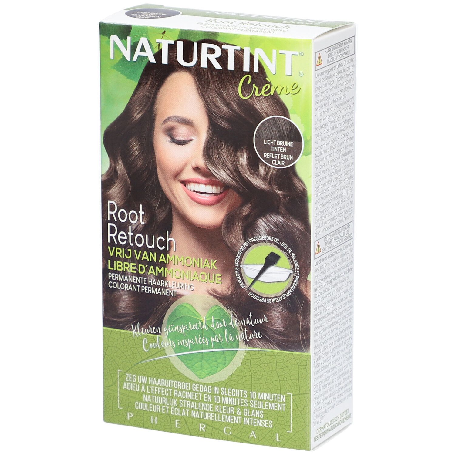 Verpakking haarkleurcrème. Opschrift: NATURTINT® Root Retouch, Lichtbruin Reflex. Vrouw met bruin haar lacht.