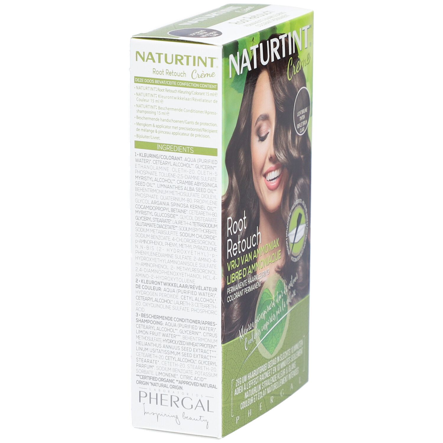 Verpakking haarkleurcrème. Opschrift: NATURTINT® Root Retouch, Lichtbruin Reflex. Vrouw met bruin haar lacht.