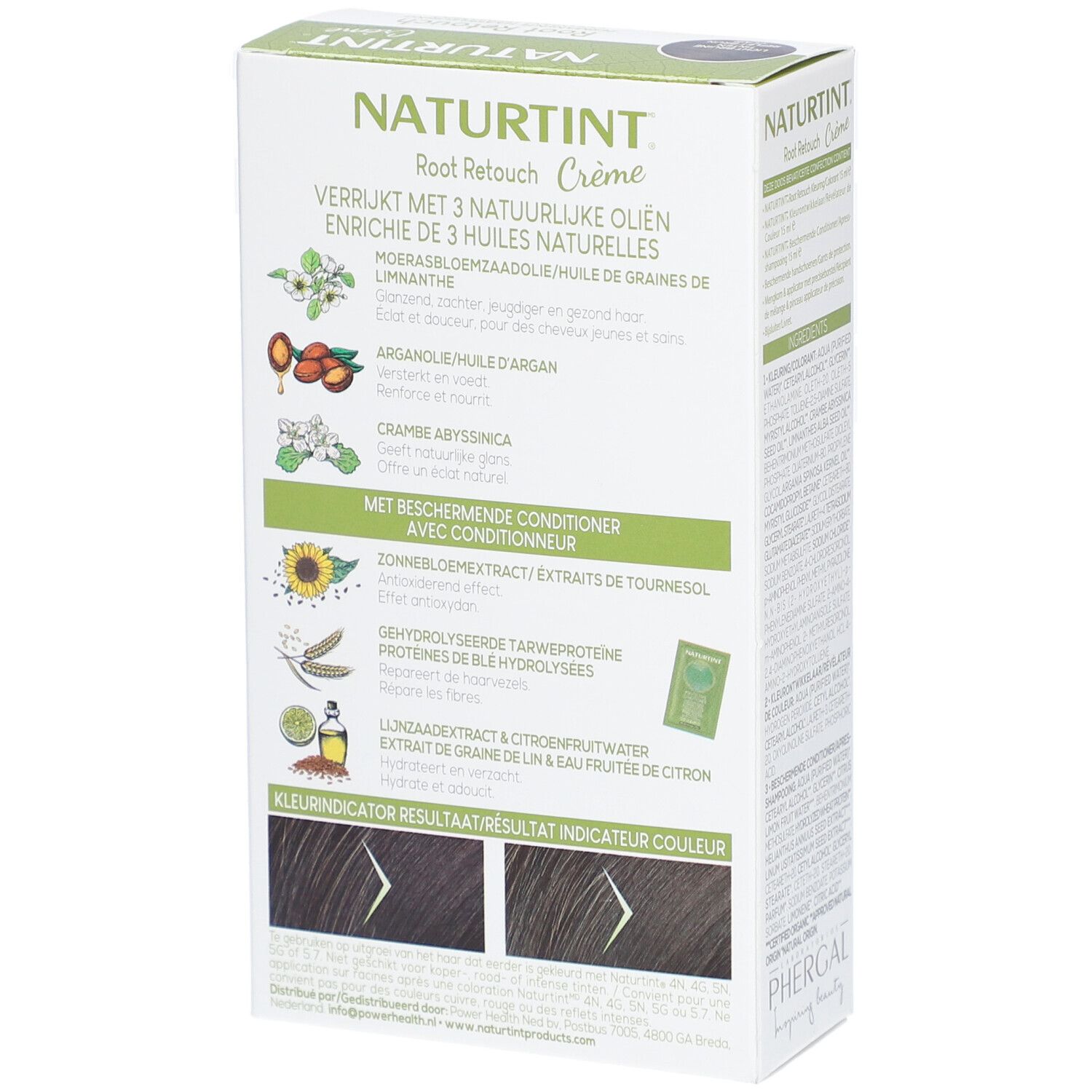 Verpakking haarkleurcrème. Opschrift: NATURTINT® Root Retouch, Lichtbruin Reflex. Vrouw met bruin haar lacht.