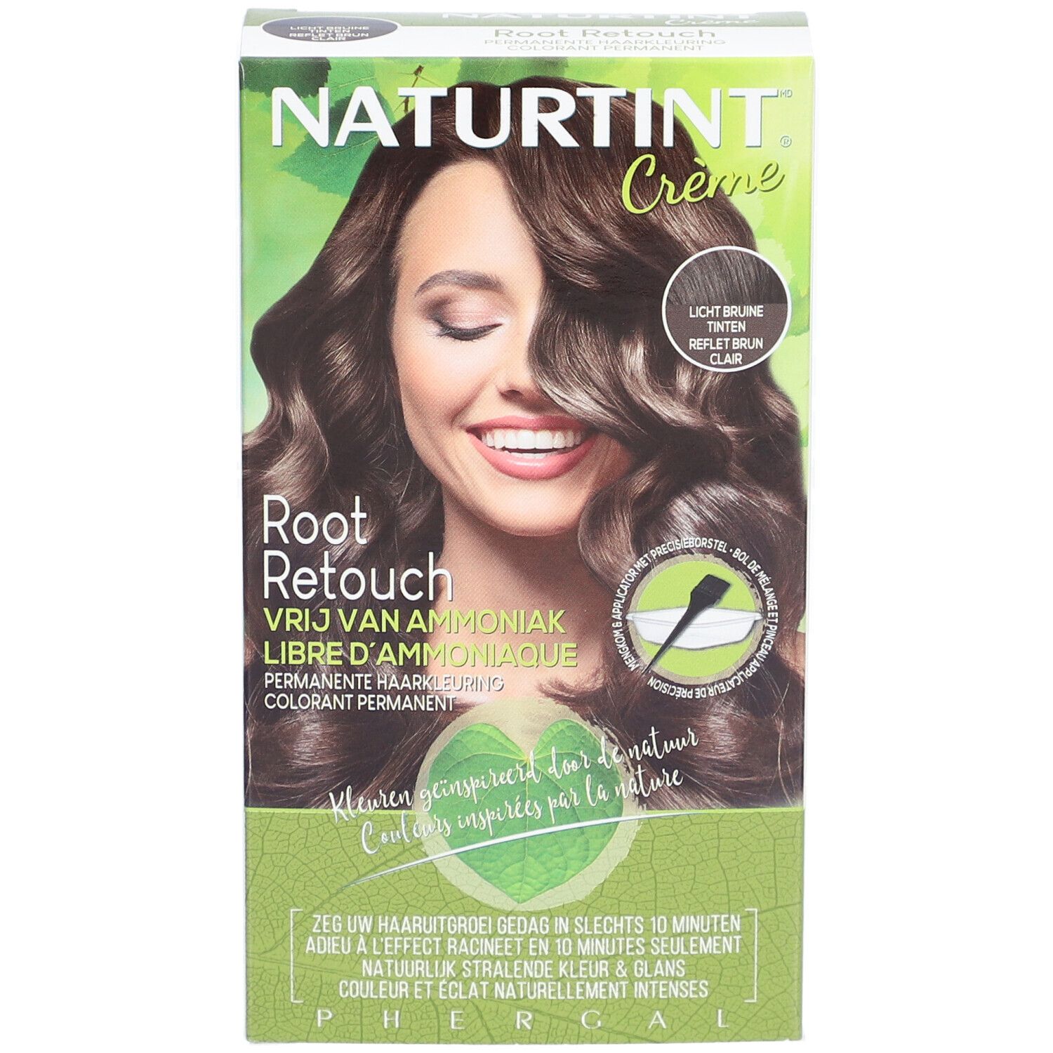 Verpakking haarkleurcrème. Opschrift: NATURTINT® Root Retouch, Lichtbruin Reflex. Vrouw met bruin haar lacht.
