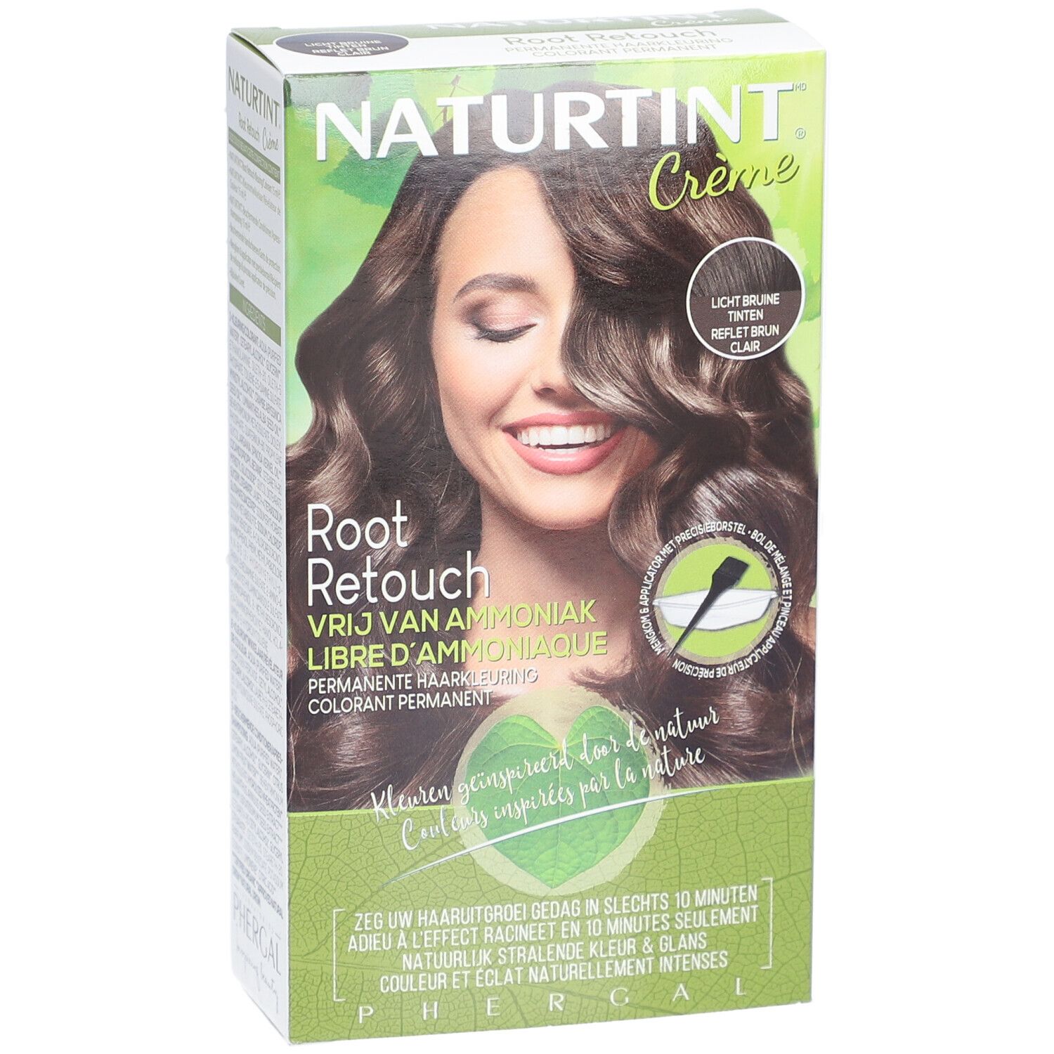 Verpakking haarkleurcrème. Opschrift: NATURTINT® Root Retouch, Lichtbruin Reflex. Vrouw met bruin haar lacht.