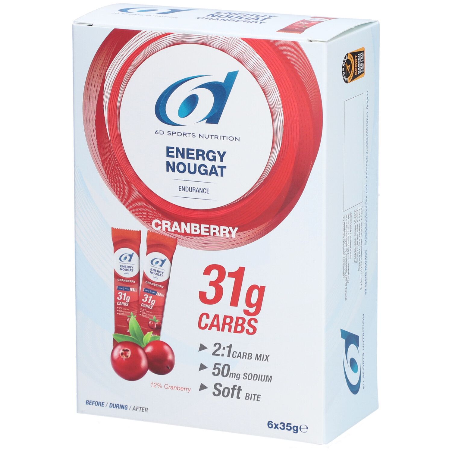 Boîte de 6D Sports Nutrition Energy Nougat. Saveur cranberry. Contient 31g glucides, 50mg sodium. 6 x 35g.