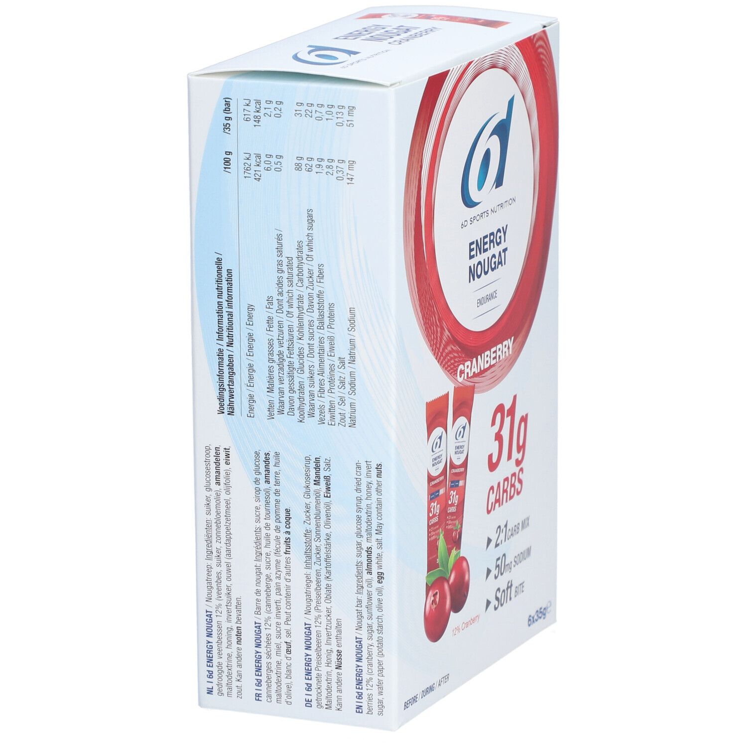 Vue latérale de l'emballage 6D Energy Nougat. Contient informations nutritionnelles et description. Saveur cranberry.