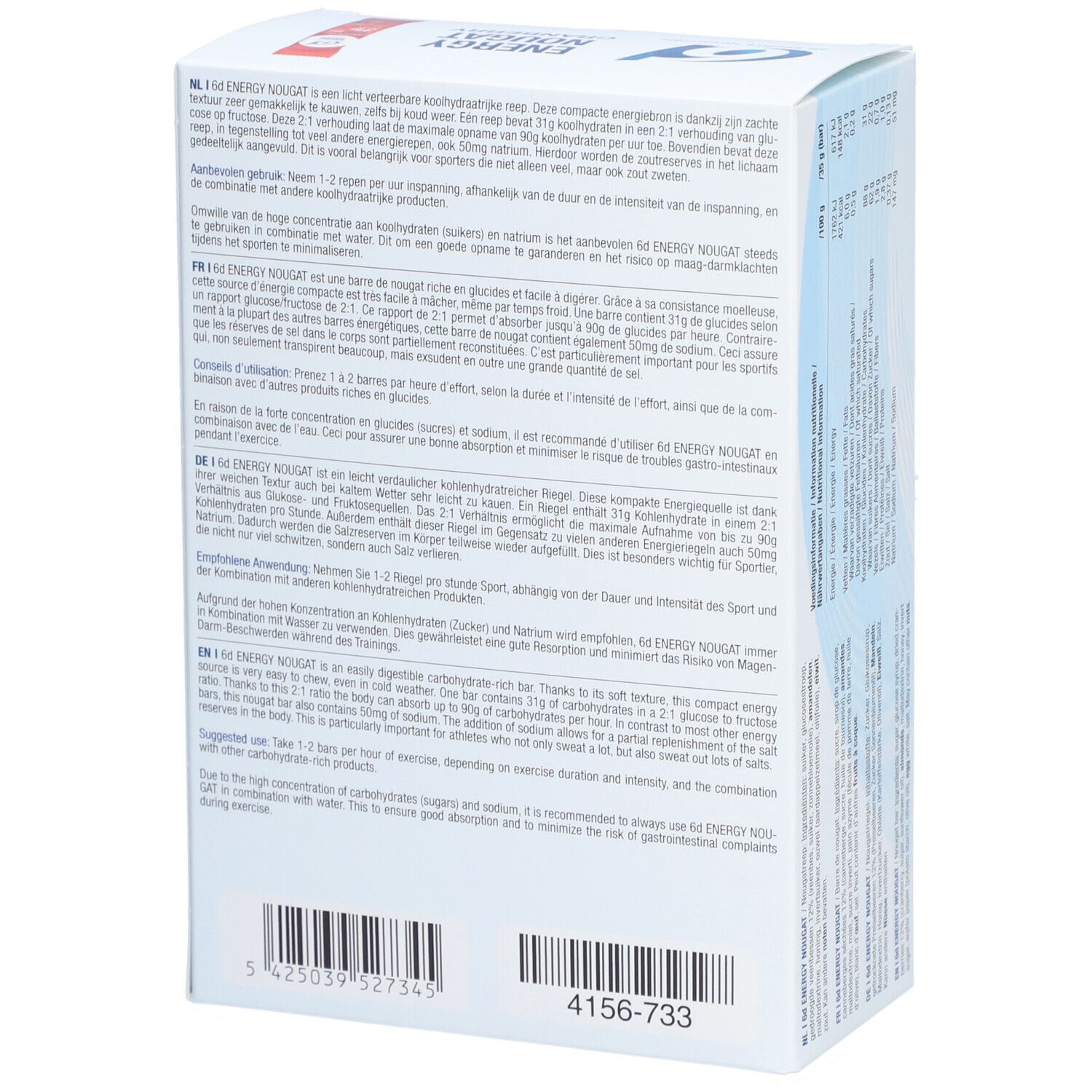 Dos de l'emballage 6D Energy Nougat. Contient informations produit multilingues. Saveur cranberry.