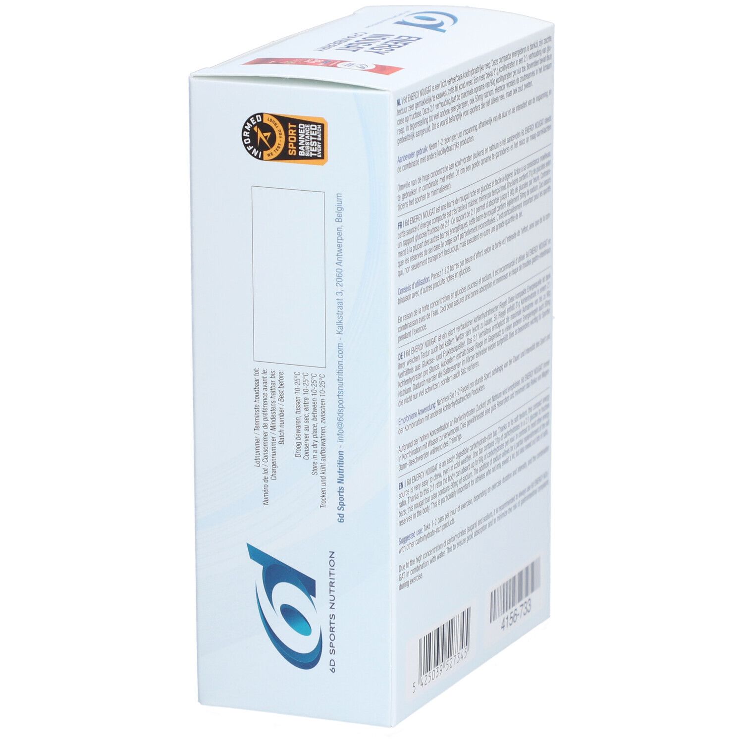 Vue latérale de l'emballage 6D Energy Nougat. Avec logo et label qualité. Contient informations produit.