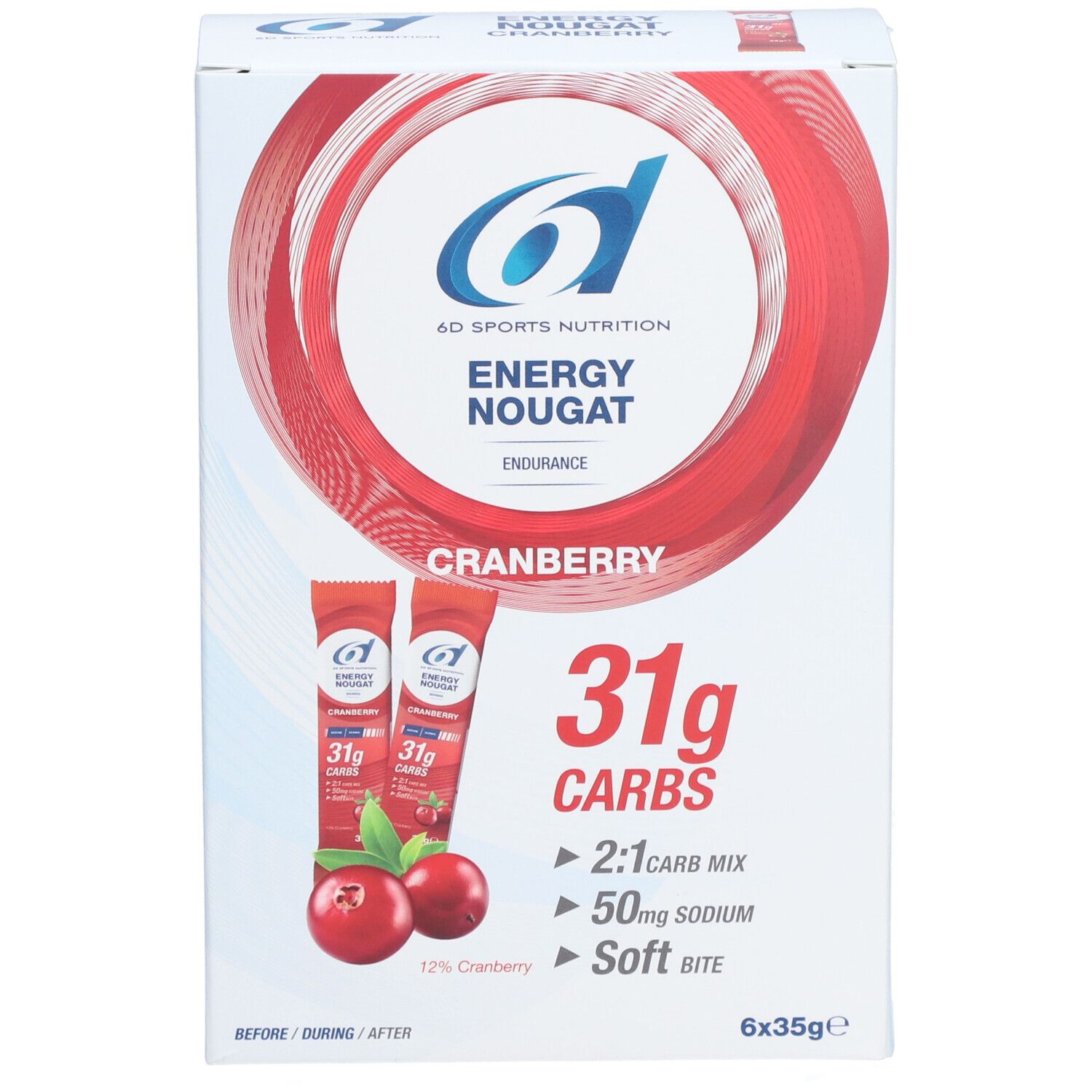 Vue de face de l'emballage 6D Energy Nougat. Saveur cranberry. Contient 31g glucides, 50mg sodium. 6 x 35g.