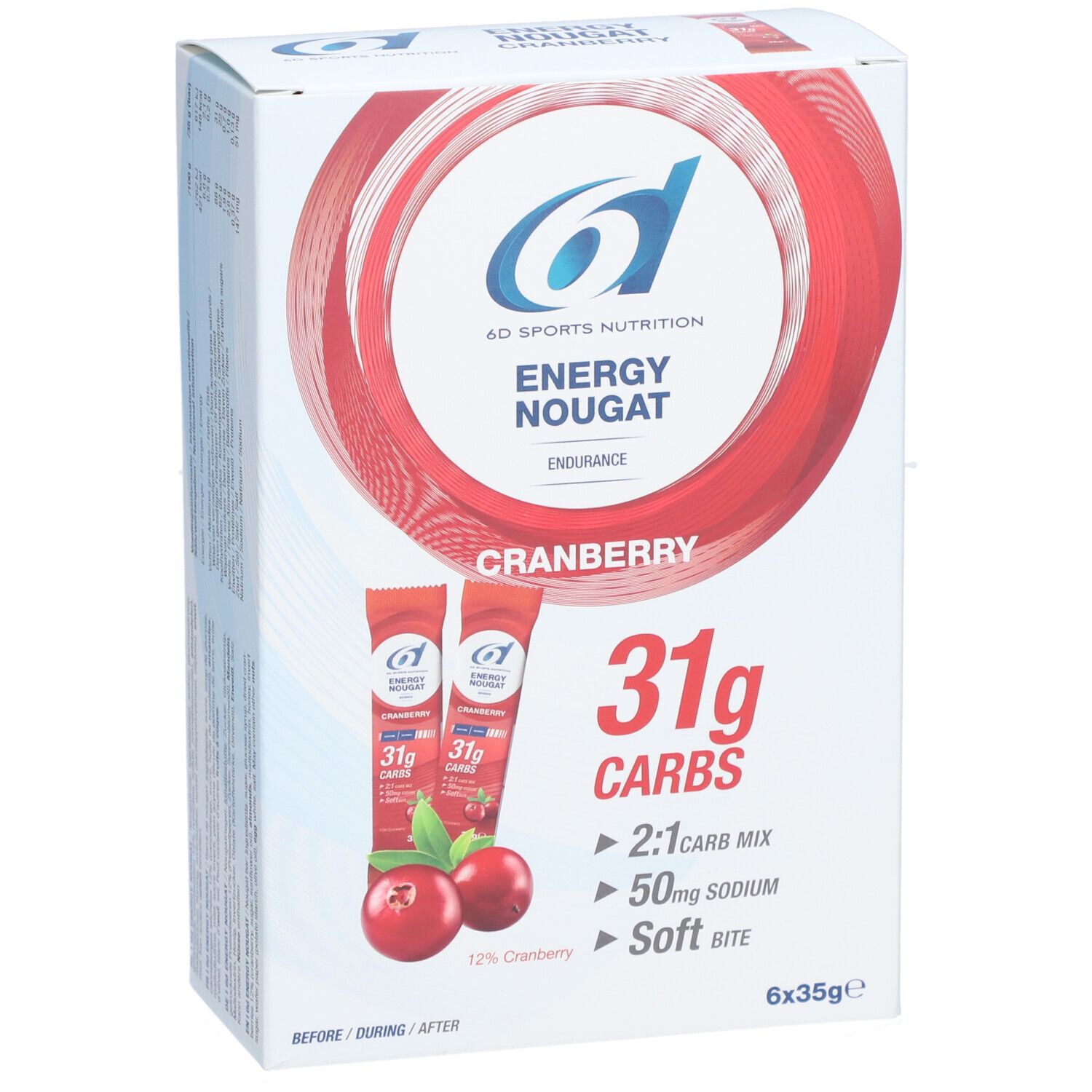 Vue de face de l'emballage 6D Energy Nougat. Saveur cranberry. Contient 31g glucides, 50mg sodium. 6 x 35g.