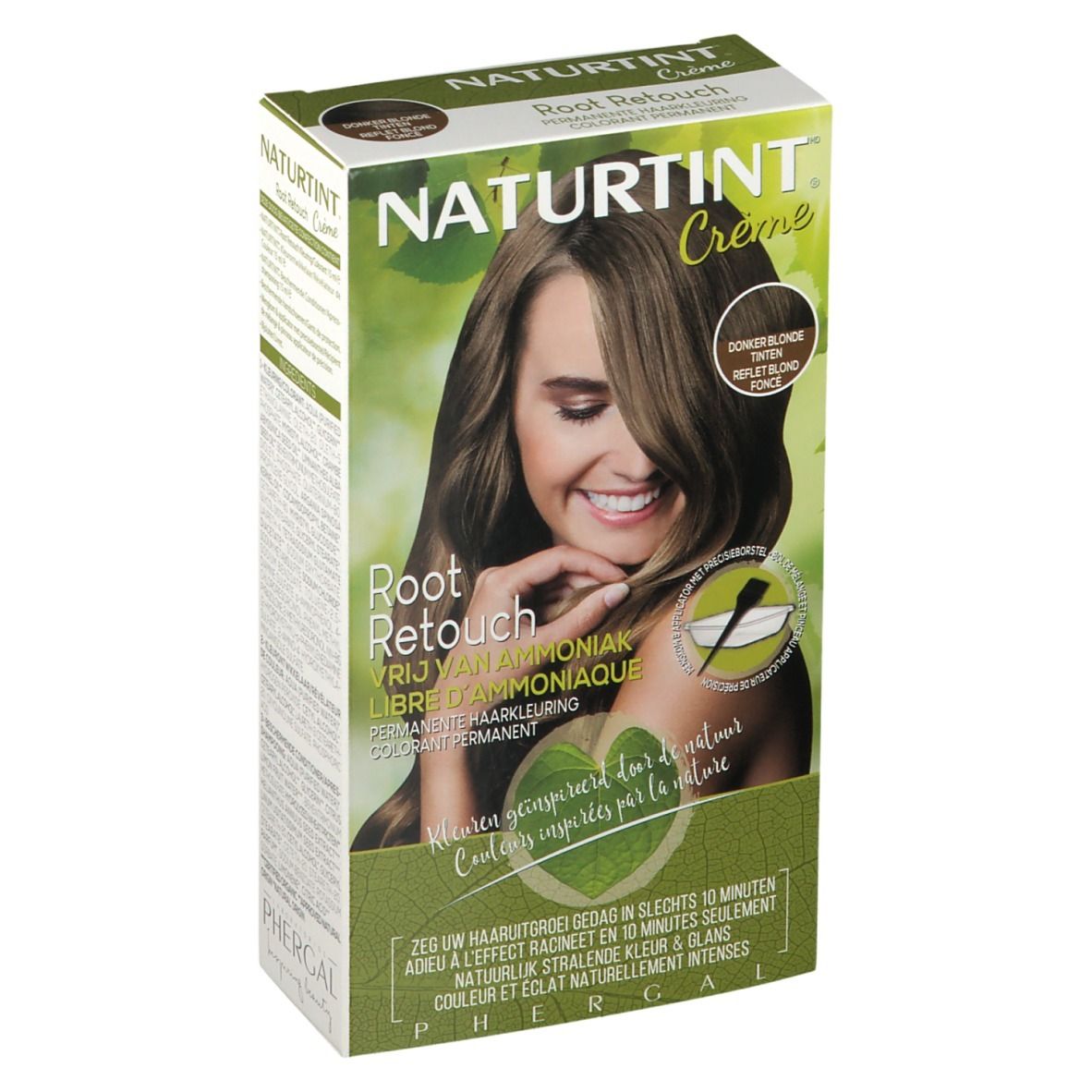 Emballage NATURTINT® Root Retouch. Blond foncé brillant. Femme aux cheveux bruns. Nom et logo du produit visibles.