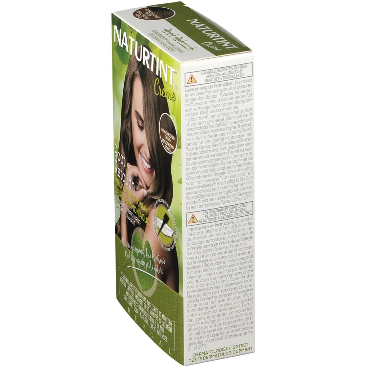 Emballage NATURTINT® Root Retouch. Vue latérale. Nom et logo du produit visibles. Texte en plusieurs langues.