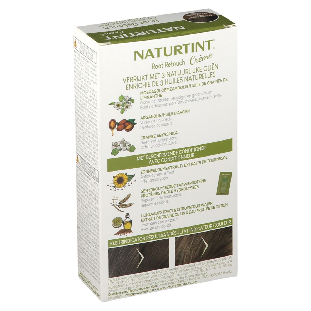 Emballage NATURTINT® Root Retouch. Dos avec ingrédients et illustrations. Nom et logo du produit visibles.