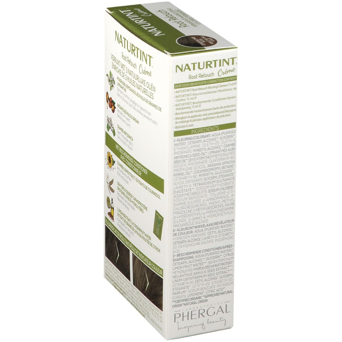 Emballage NATURTINT® Root Retouch. Vue latérale avec ingrédients. Nom et logo du produit visibles. Texte multilingue.