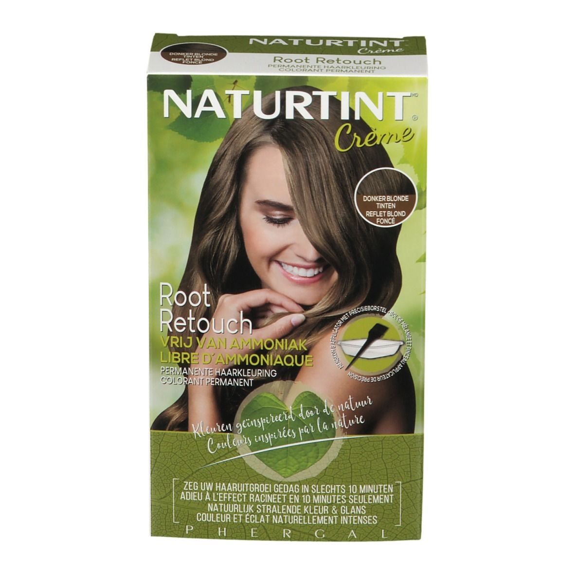 Emballage NATURTINT® Root Retouch. Blond foncé brillant. Femme aux cheveux bruns. Nom du produit et logo visibles.