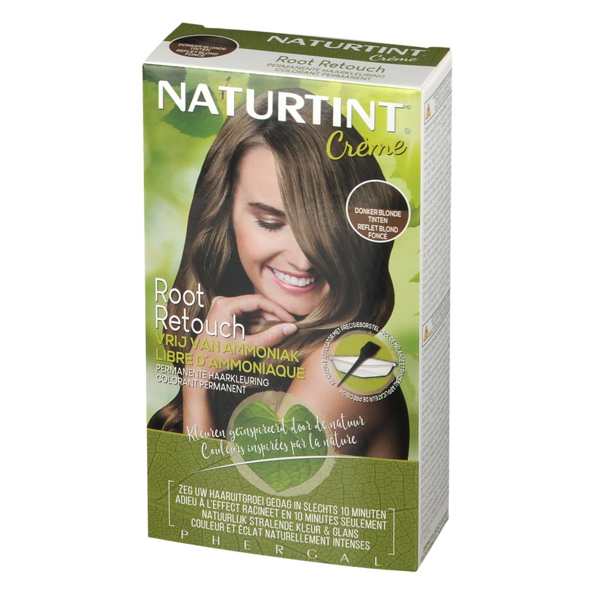 Emballage NATURTINT® Root Retouch. Blond foncé brillant. Femme aux cheveux bruns. Nom du produit et logo visibles.