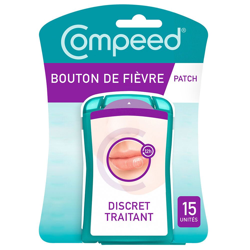 Verpakking "Compeed" met "Bouton de Fièvre" patch. Bevat 15 discrete, behandelende patches.