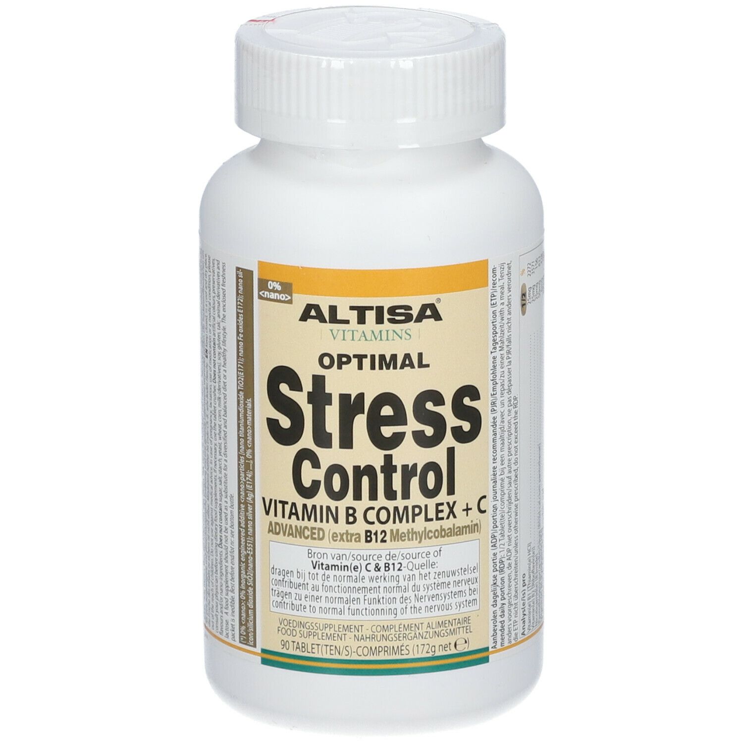 Weiße Flasche mit ALTISA Vitamins Optimal Stress Control. Aufschrift: Vitamin B Complex + C Advanced. 90 Tabletten.