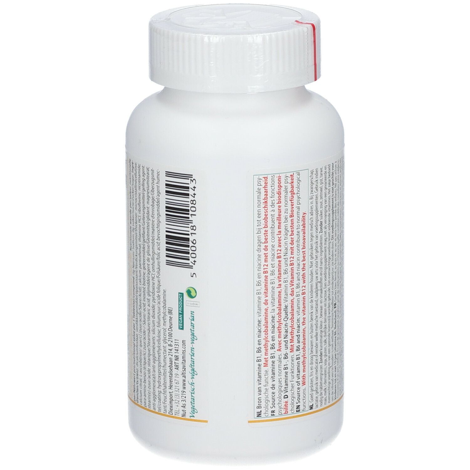 Rückseite einer weißen Flasche. Barcode und Text. ALTISA Vitamins Optimal Stress Control. Vitamin B Complex + C Advanced.