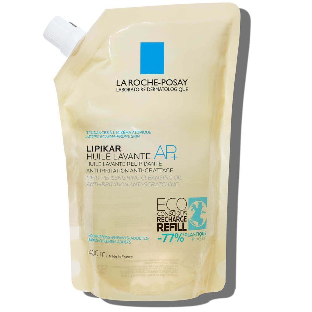 Recharge. Huile lavante Lipikar AP+ La Roche-Posay. Emballage souple avec bec verseur.