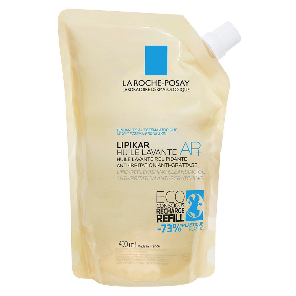 Recharge. Huile lavante Lipikar AP+ de La Roche-Posay. Emballage souple avec bec verseur.