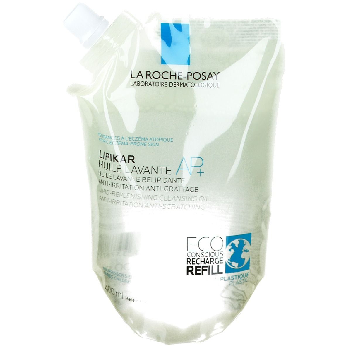 Recharge. Huile lavante Lipikar AP+ La Roche-Posay. Emballage souple avec bec verseur.