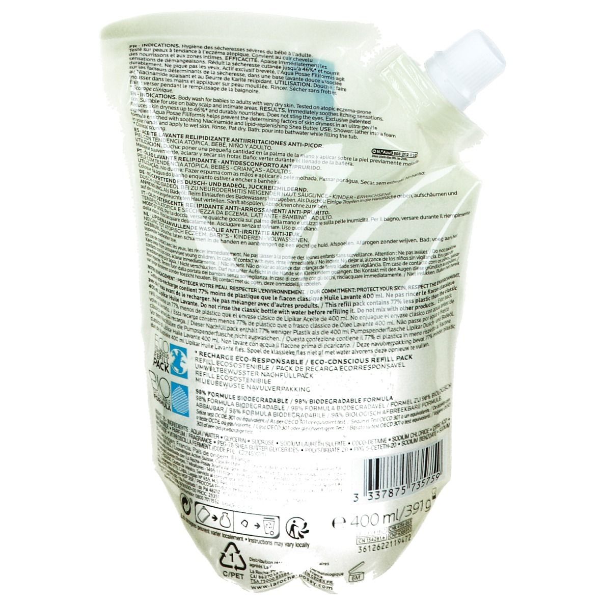 Dos de la recharge. Texte et logos. Ingrédients, informations fabricant.