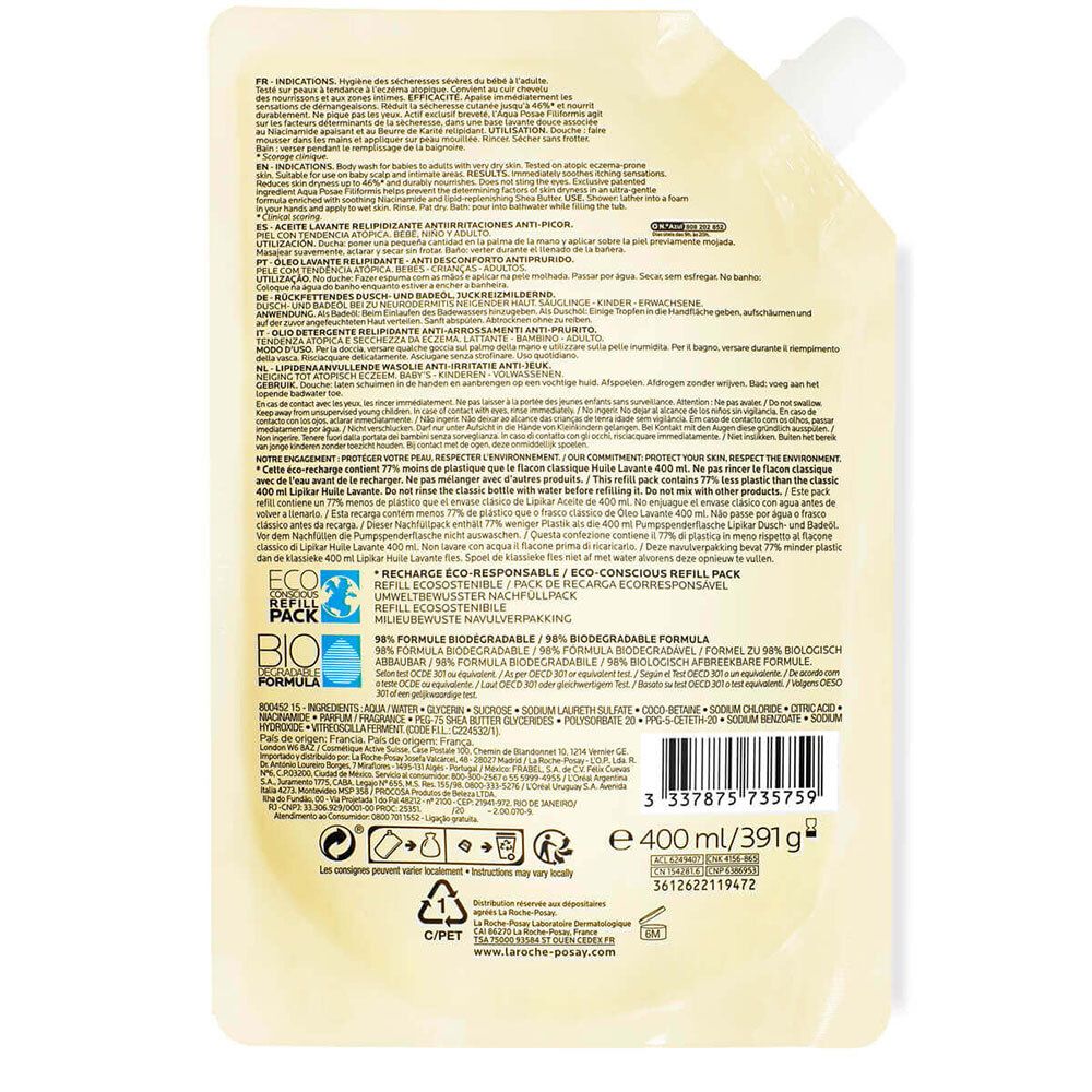 Dos de la recharge. Texte et logos. Ingrédients, informations fabricant.