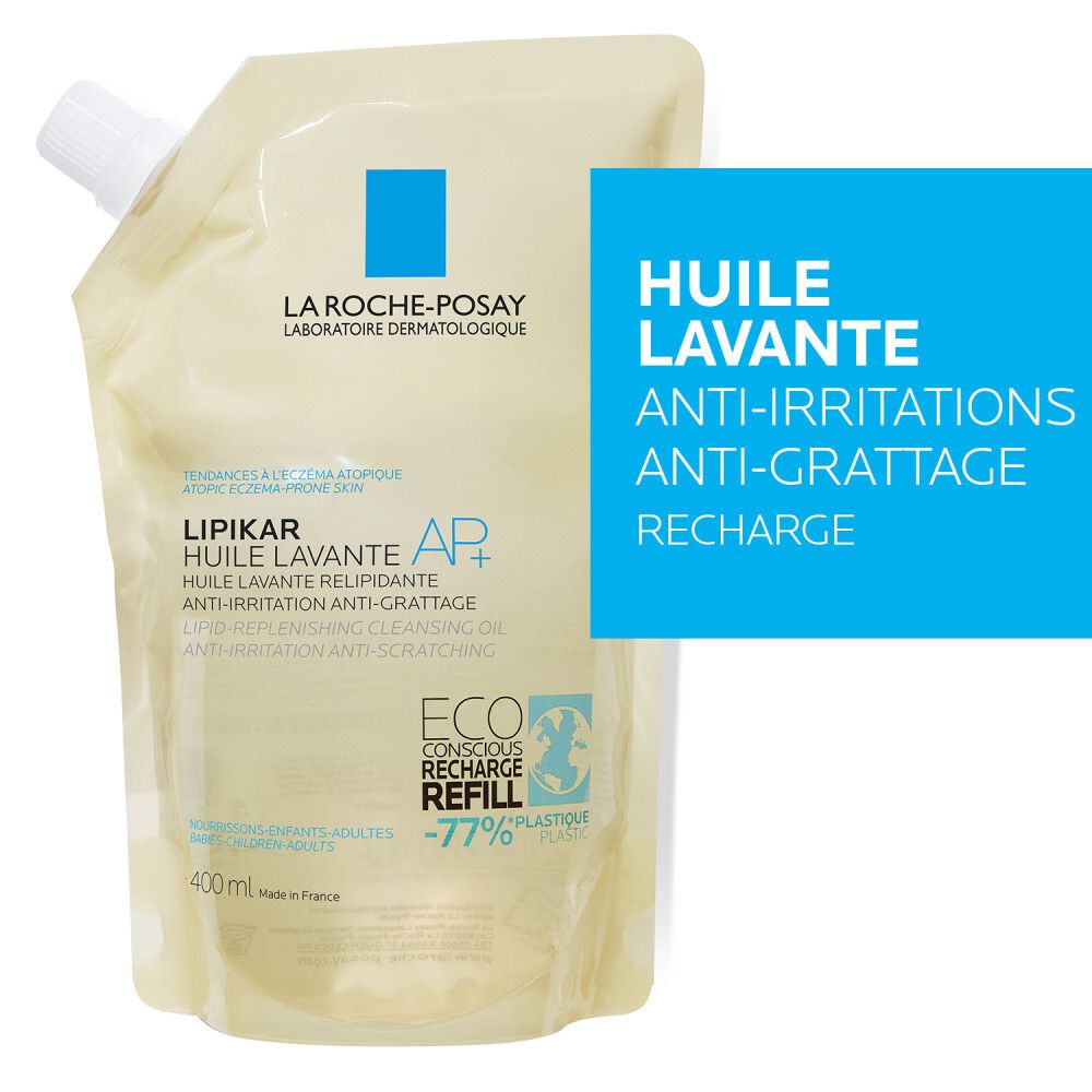 Recharge. Huile lavante Lipikar AP+ La Roche-Posay. Texte sur fond bleu.