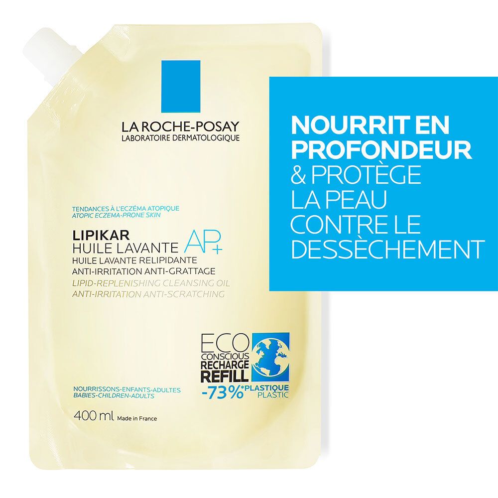 Recharge. Huile lavante Lipikar AP+ La Roche-Posay. Texte sur fond bleu.