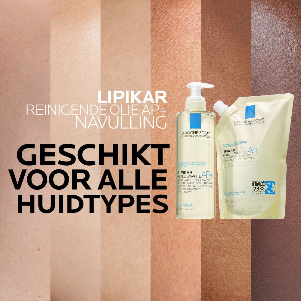 Navulling. La Roche-Posay Lipikar AP+ wasolie. Tekst op blauwe achtergrond.