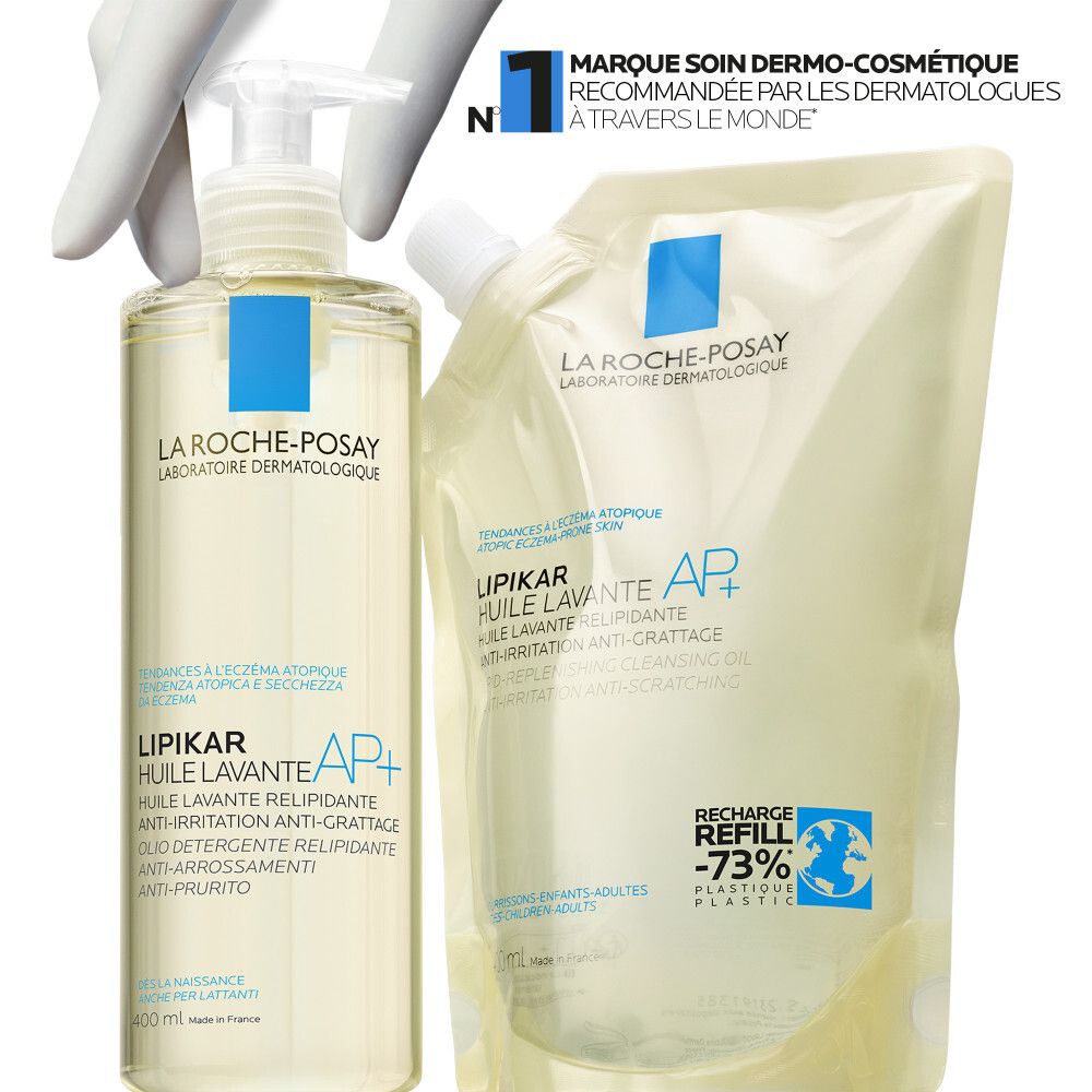 Trois produits. Huile lavante Lipikar, Baume AP+M, Eau Thermale. Texte et logos.