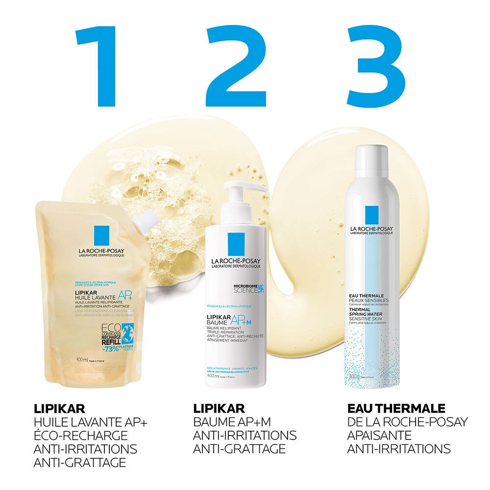 Trois produits. Huile lavante Lipikar, Baume AP+M, Eau Thermale. Texte et logos.