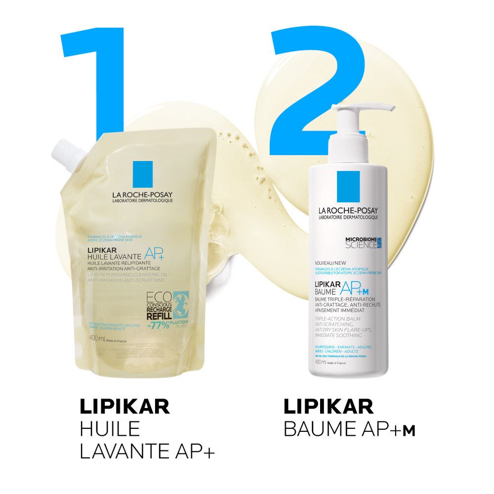 Trois produits. Huile lavante Lipikar, Baume AP+M, Eau Thermale. Texte et logos.