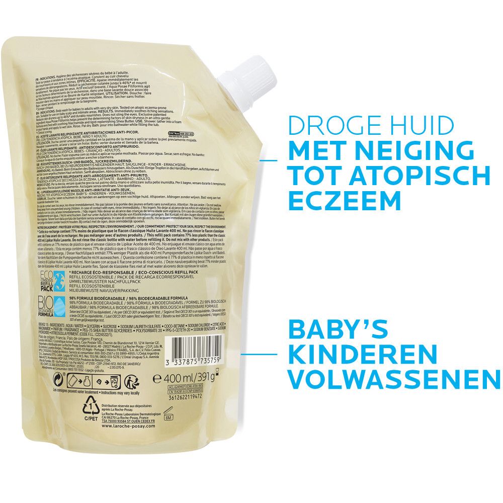 Navulling. La Roche-Posay Lipikar AP+ wasolie. Zak met schenktuit.