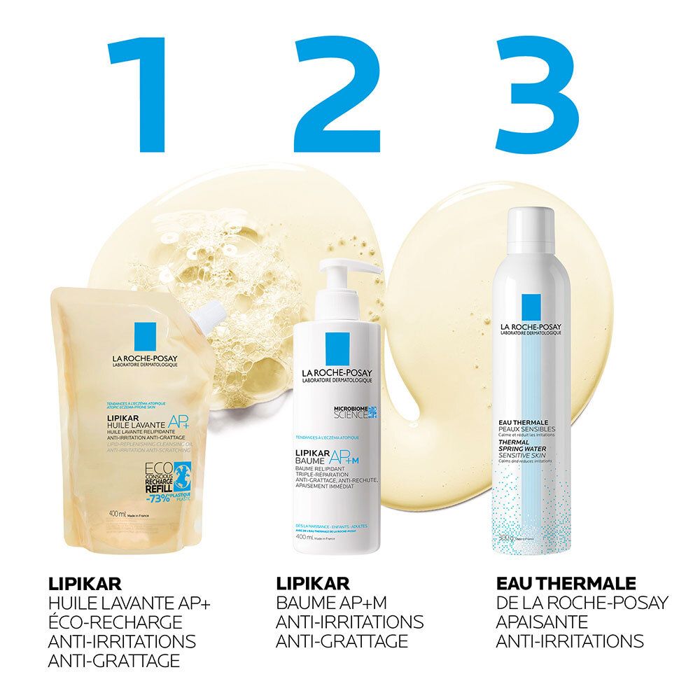 Trois produits. Huile lavante Lipikar, Baume AP+M, Eau Thermale. Texte et logos.