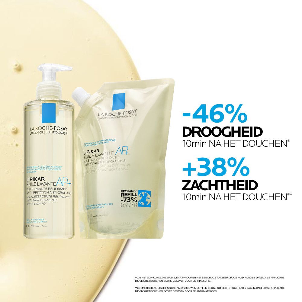 Navulling. La Roche-Posay Lipikar AP+ wasolie. Zak met schenktuit.
