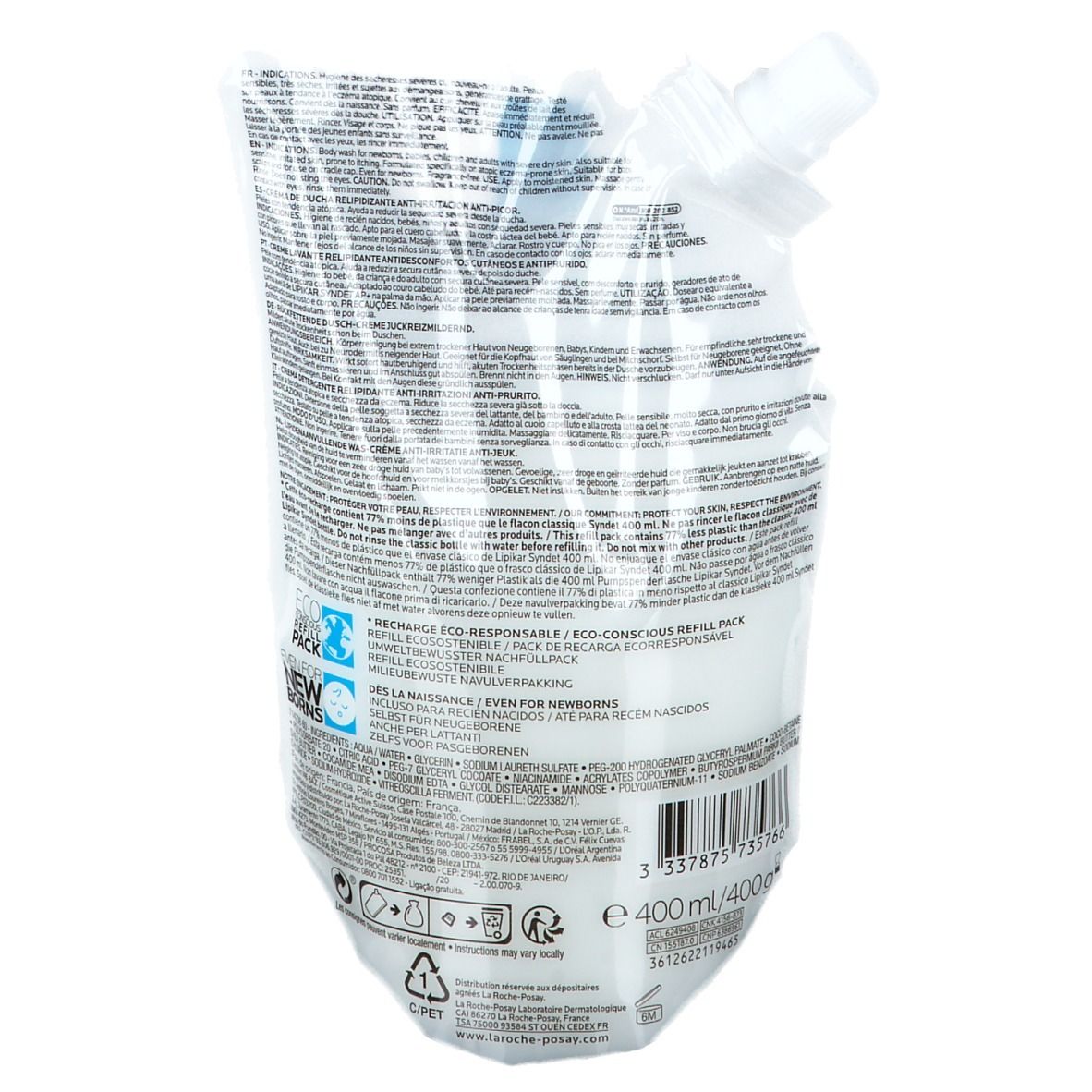 Achterkant navulverpakking douchegel. Tekst en info. 'Eco Conscious' en '-77% plastic'.
