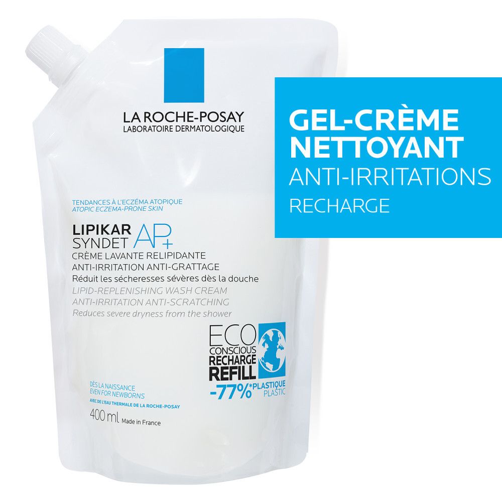 Recharge de gel douche. Sachet blanc avec informations produit et logo. « Gel-Crème Nettoyant ».