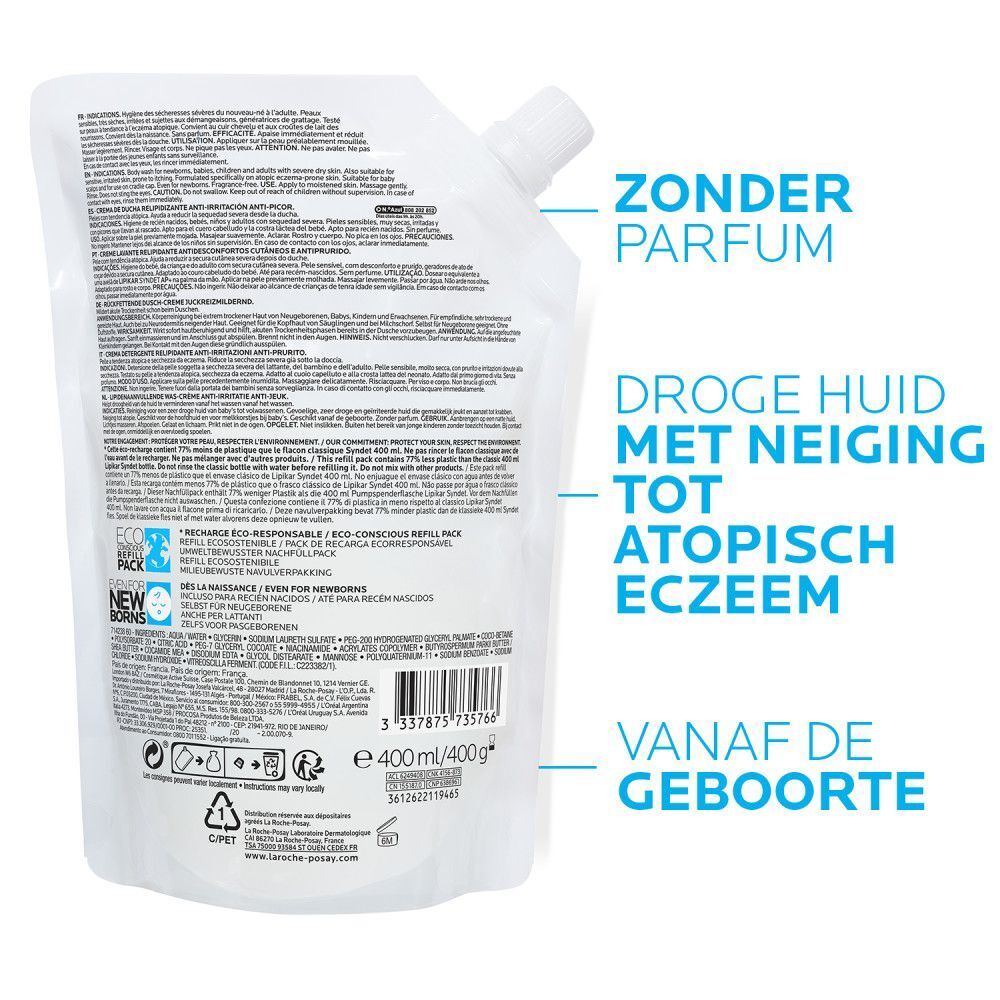 Achterkant navulverpakking douchegel. Tekst en info. 'Zonder parfum' en 'Vanaf de geboorte'.