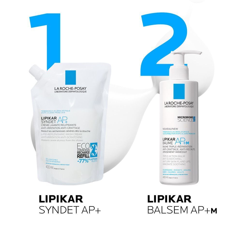 Product en navulling. 'Lipikar Syndet AP+' en 'Baume AP+M'.