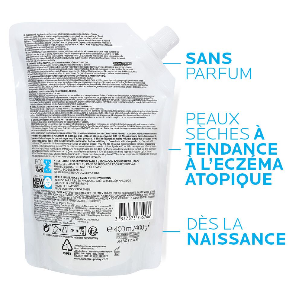 Dos de la recharge de gel douche. Texte et informations. « Sans parfum » et « Dès la naissance ».