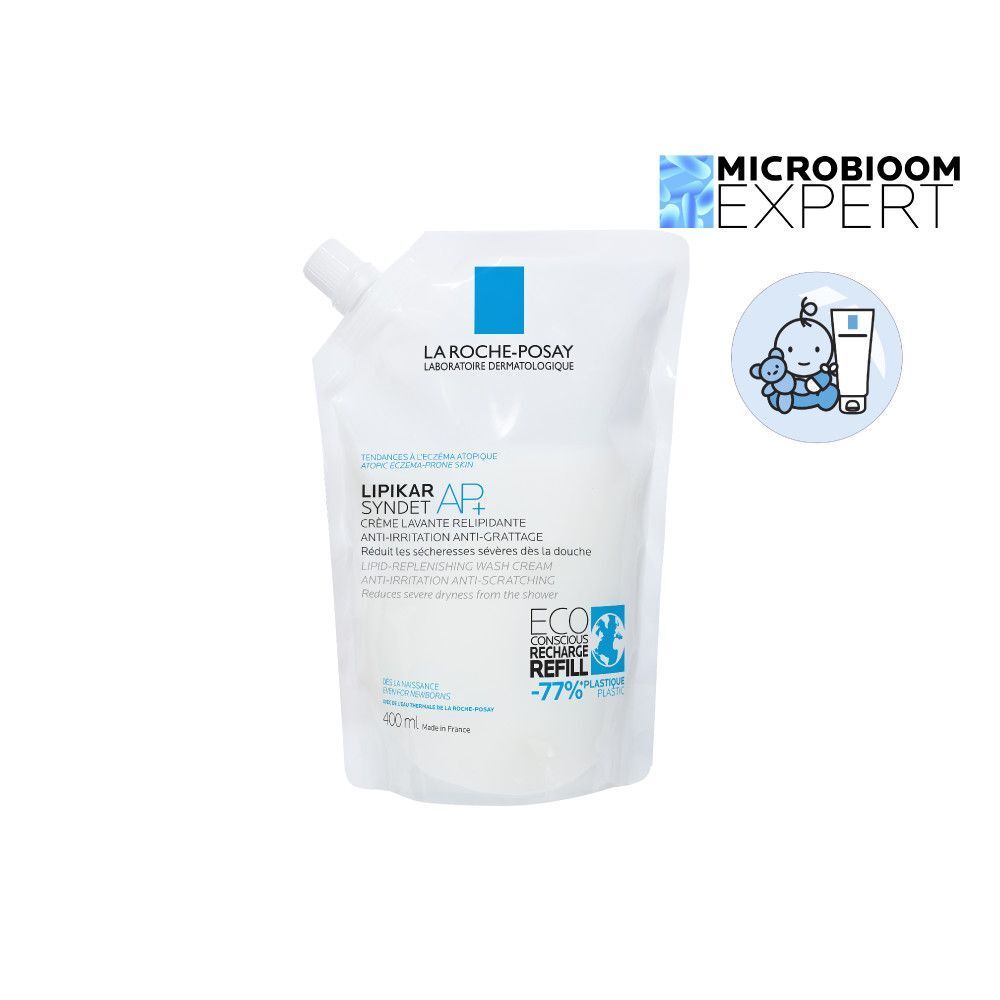 Product en navulling. 'Microbiome Expert' en babysymbool.