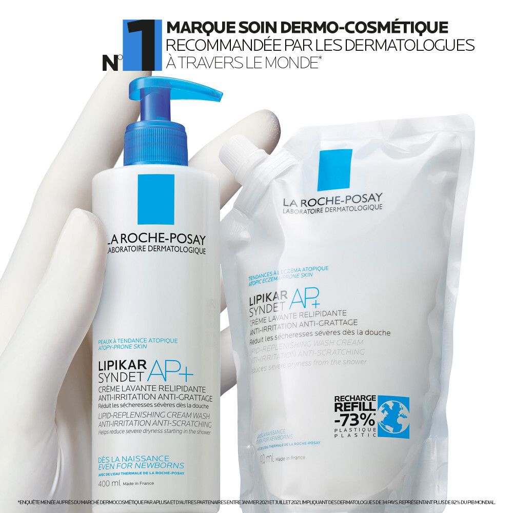 Produit et recharge. « Marque soin dermo-cosmétique recommandée par les dermatologues ».